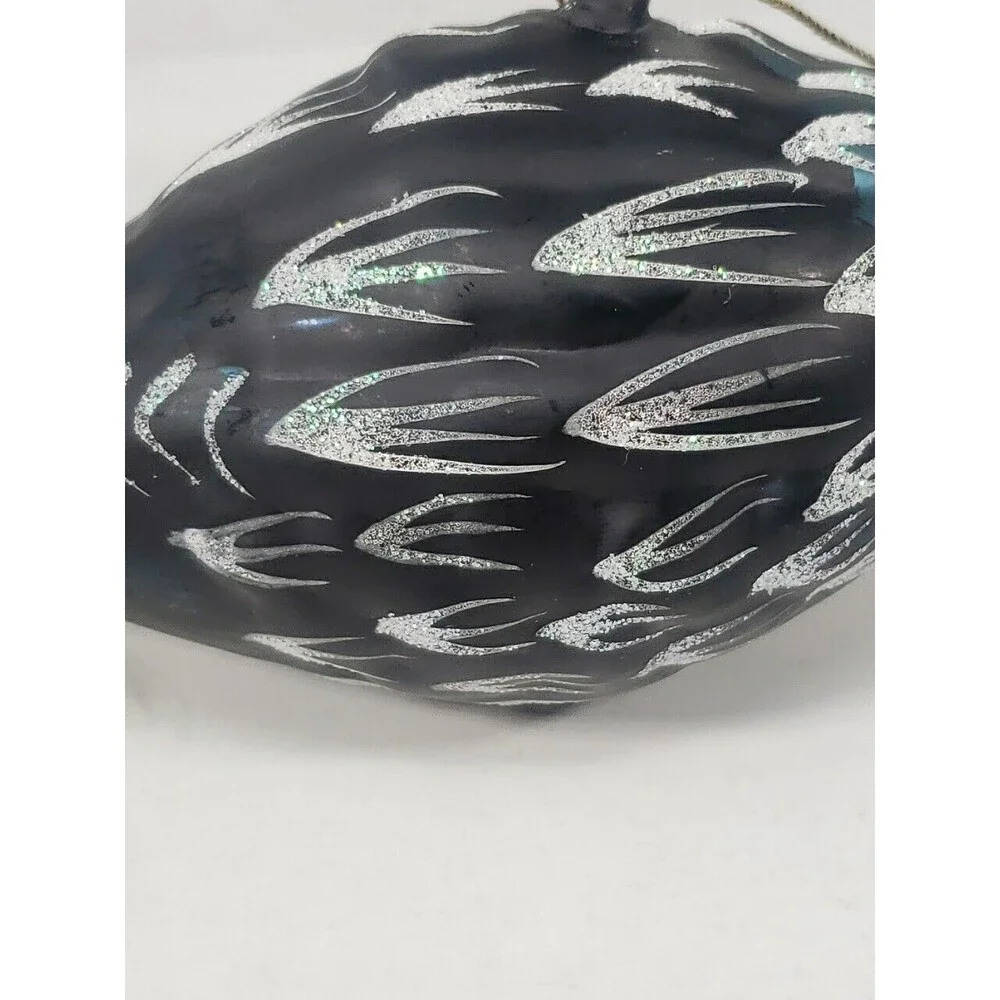 Blown Glass Bird Christmas Tree Ornament Feathers Glitter Dark Green Unique